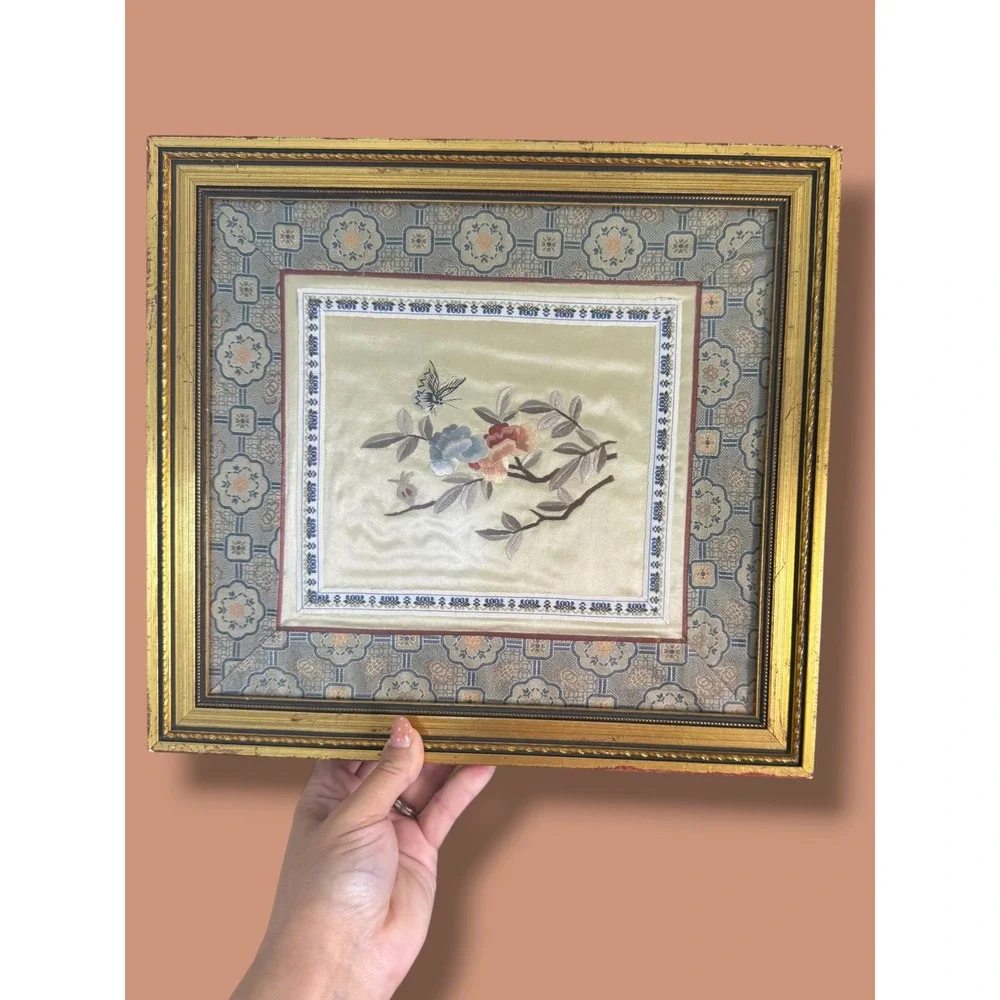 Vintage Asian Silk Embroidery Framed Floral Butterfly Art Chinoiserie Decor